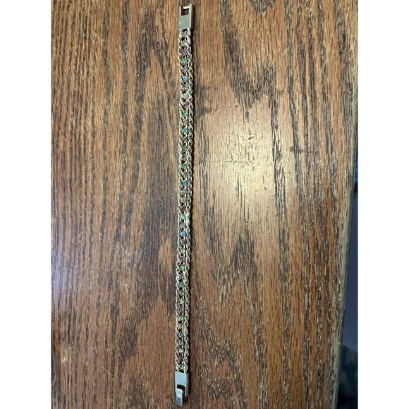 Vintage Double Chain Tennis Bracelet Multicolor Rhinestones Gold Tone - Picture 4 of 4